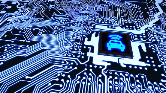 A glowing blue car icon with a Wi-Fi symbol on a computer circuit board.