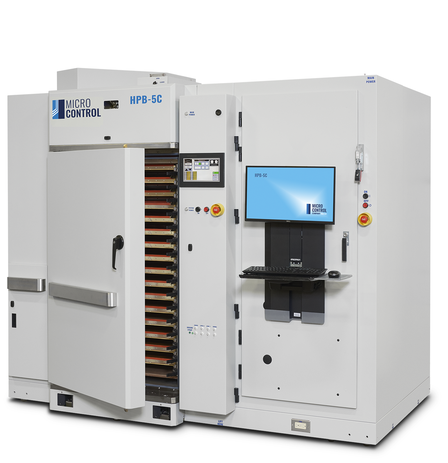 Micro Control Company HPB-5C industrial test chamber with an open door showing interior racks, a control screen, and an attached monitor and keyboard workstation.