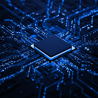 A central computer processor chip surrounded by glowing blue circuitry.