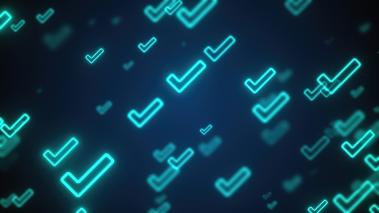 Multiple glowing cyan check mark icons floating against a dark blue background.