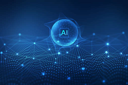 A glowing blue sphere marked with the letters “AI” floating above a digital network of connected dots and lines.