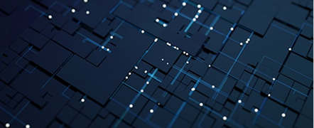Abstract digital pattern of dark, raised blocks connected by glowing light trails representing a network or data flow.