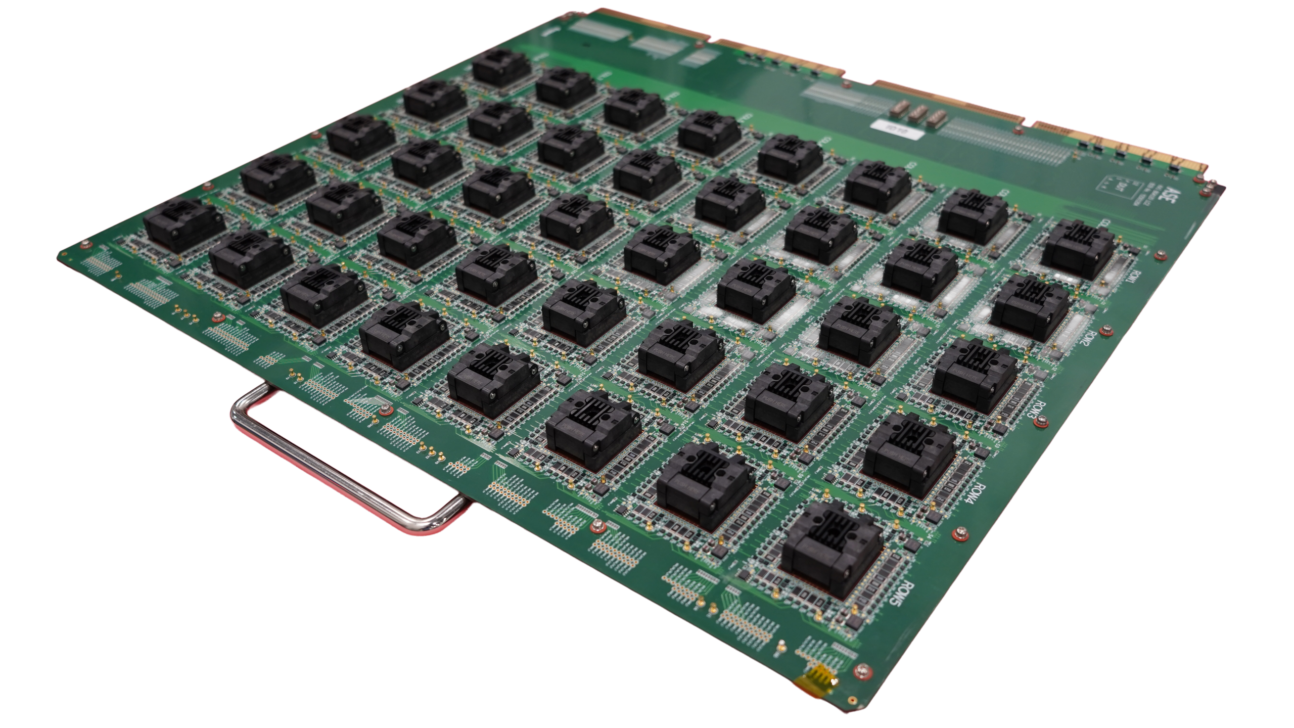 A green printed circuit board featuring an array of 36 black square chip sockets arranged in a grid.