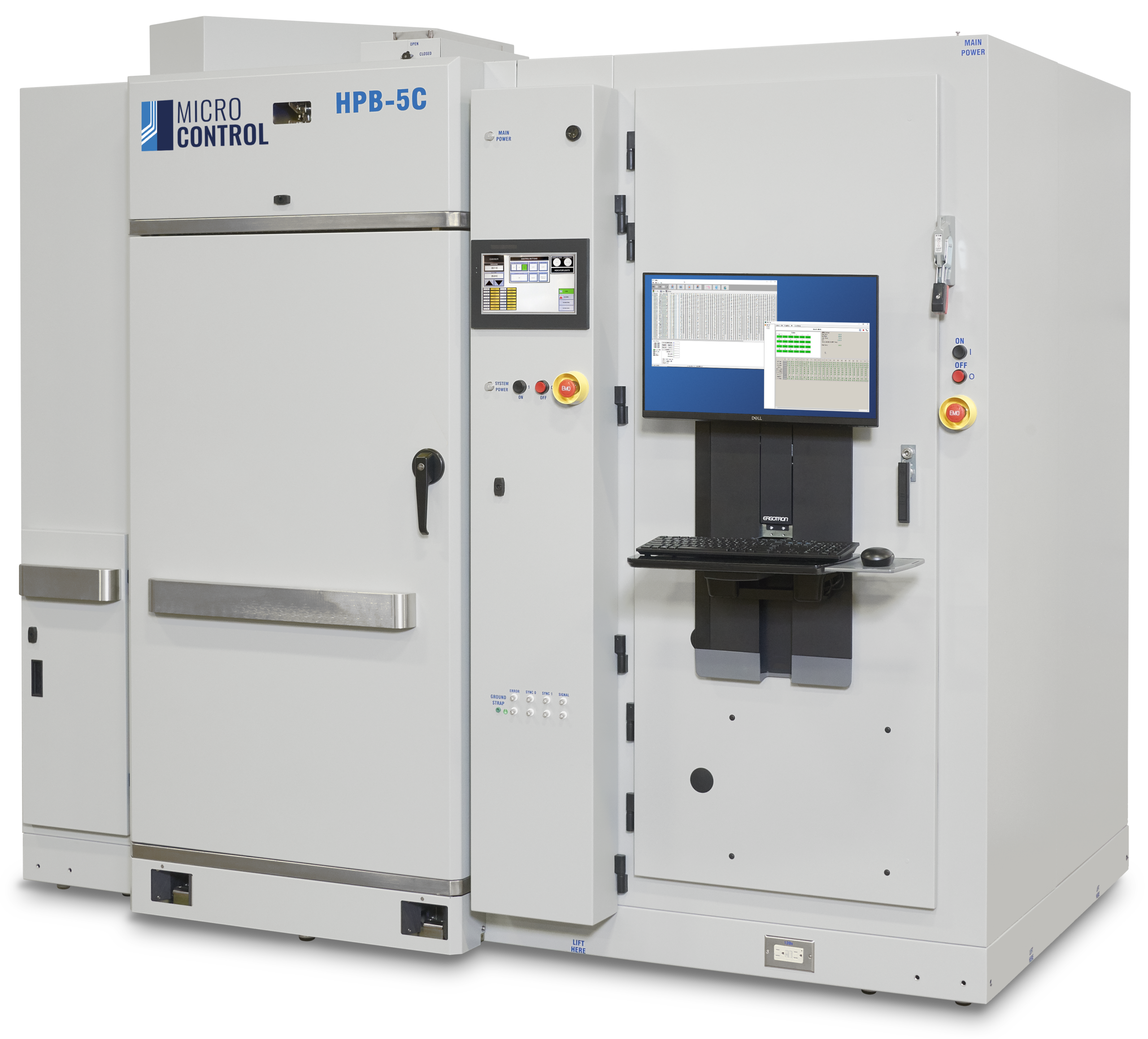 Micro Control HPB-5C industrial test chamber with an integrated computer, monitor, keyboard, and touchscreen control panel.