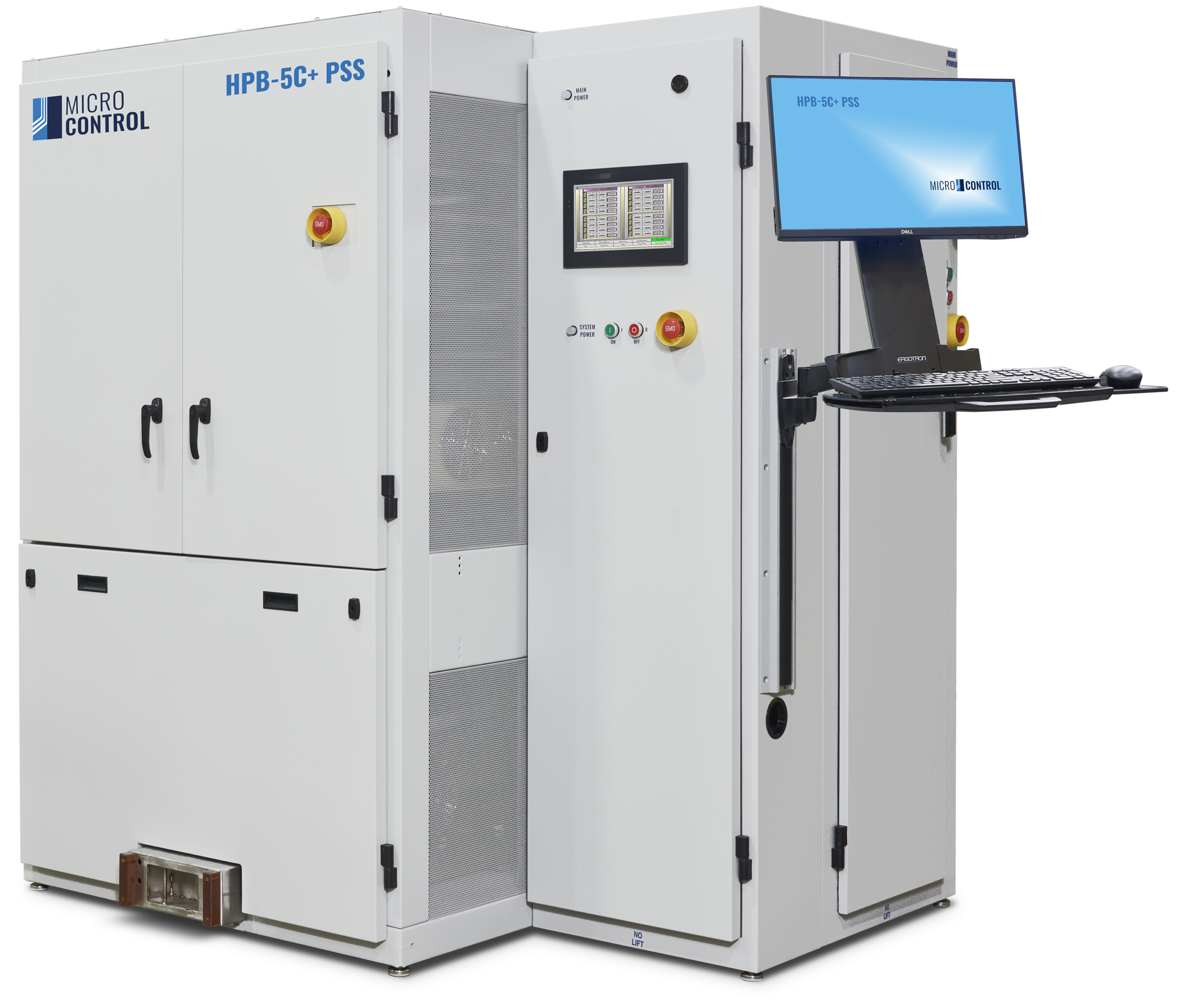 Micro Control HPB-5C+ PSS industrial testing system with two white cabinets, a touchscreen control panel, and an attached monitor and keyboard workstation.