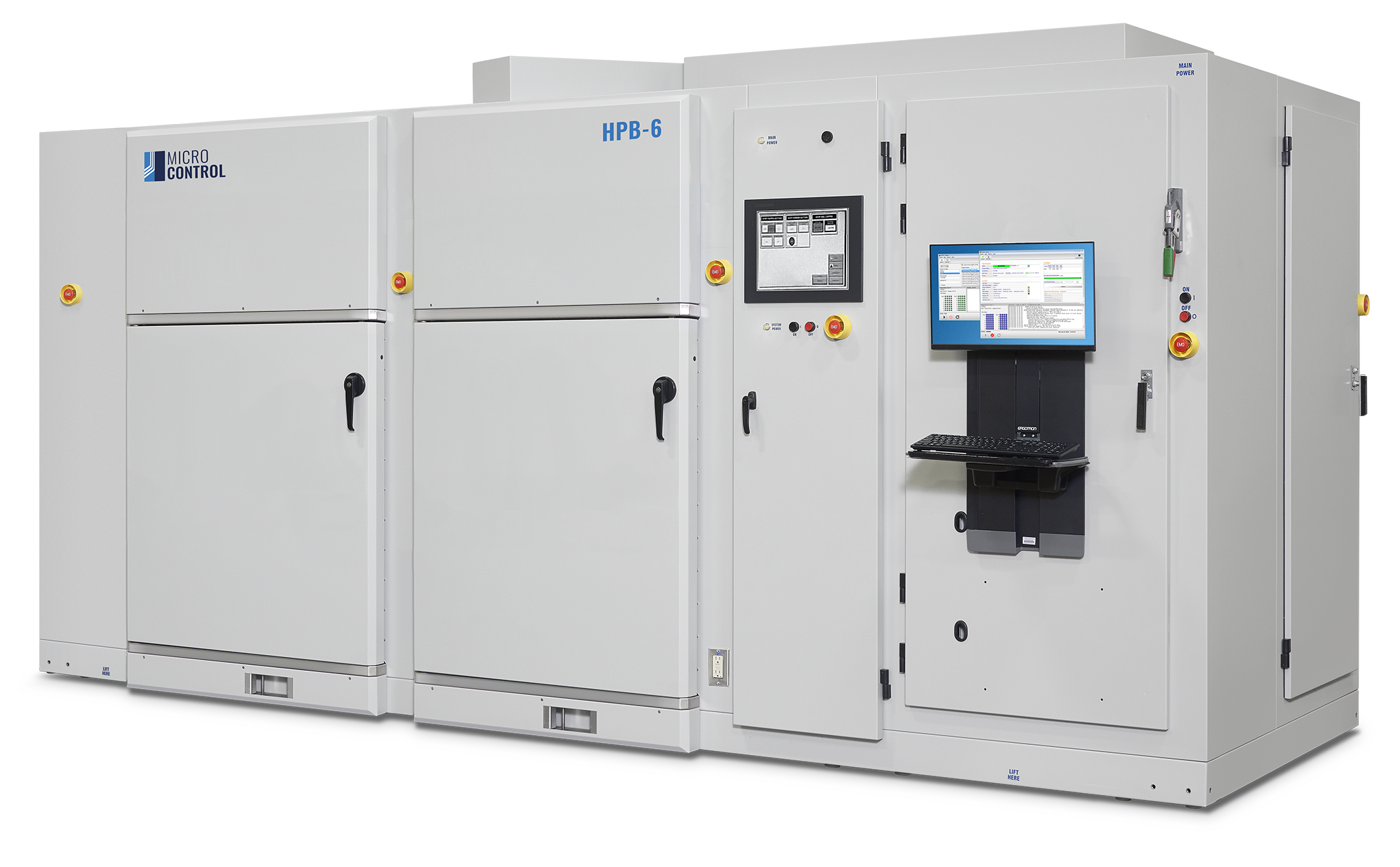 Large Micro Control HPB-6 industrial testing cabinet with a central touchscreen interface, an attached monitor displaying data, and a keyboard.