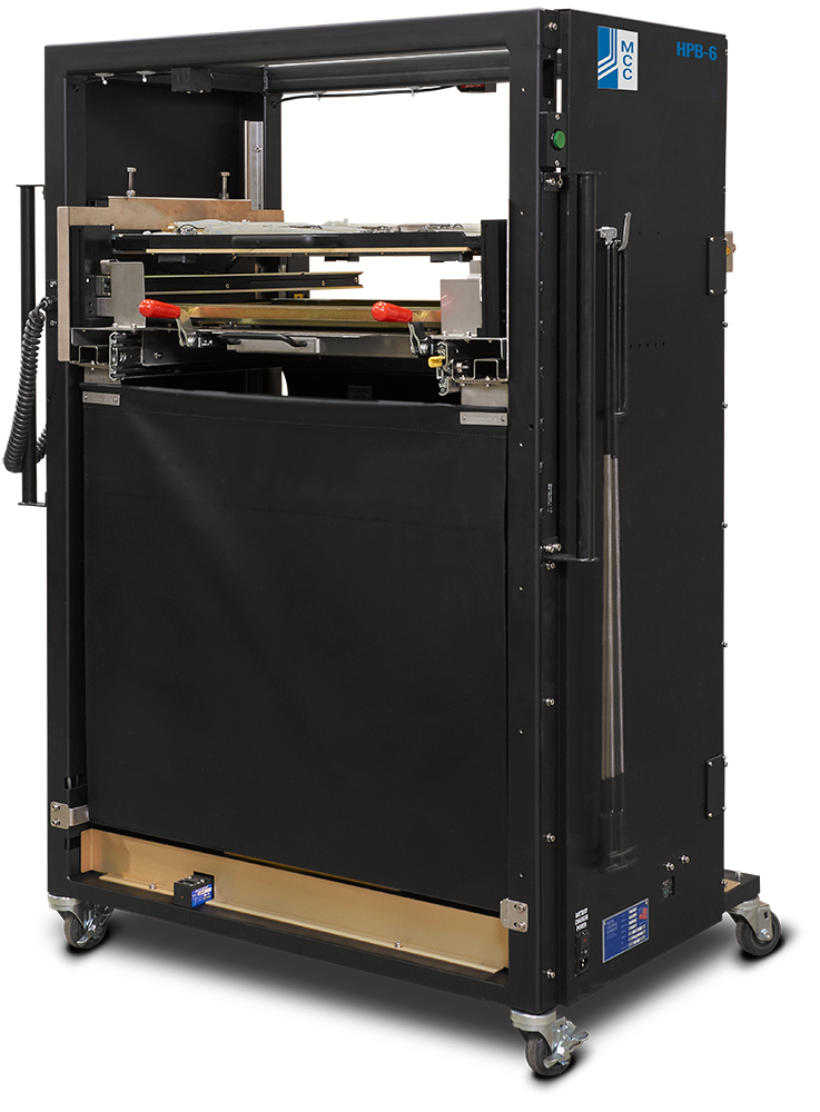 Black HPB-6 industrial printing or pressing machine on casters.