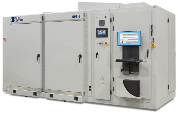 Large industrial Micro Control HPB-8 testing cabinet with a computer monitor, keyboard, and control panels on the front doors.