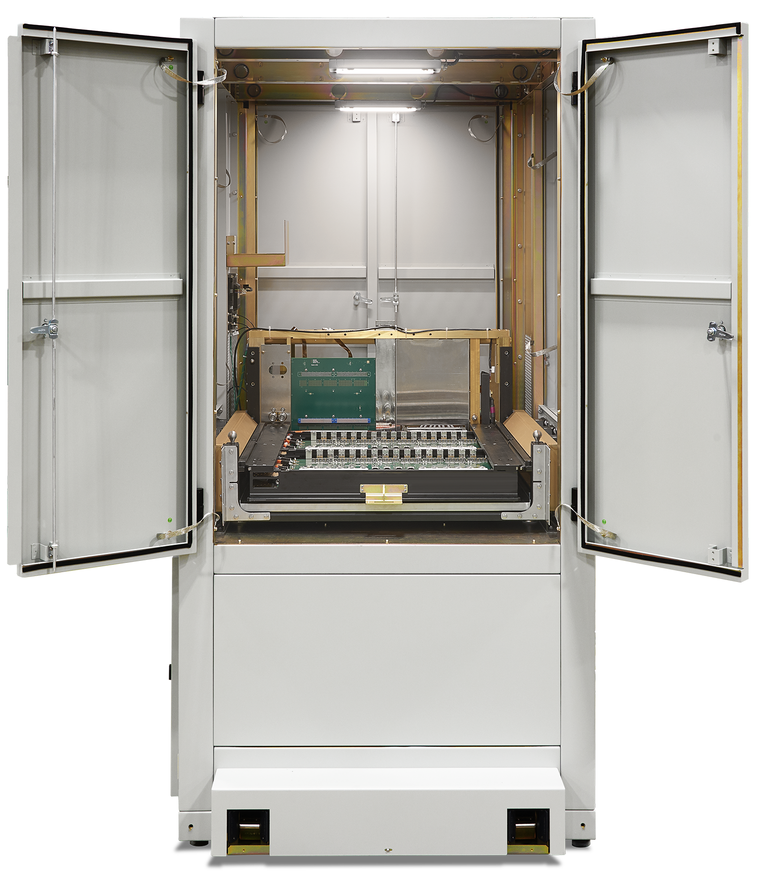 Open metal cabinet housing an industrial electronics rack with exposed circuit boards and internal components.