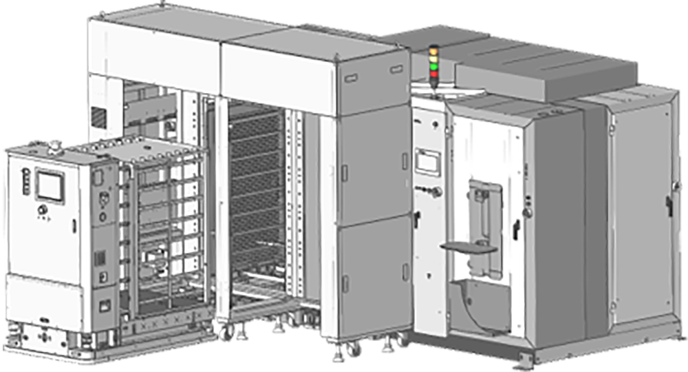 An industrial robotic machine with a modular frame, internal shelving, and a control panel with a status light tower.