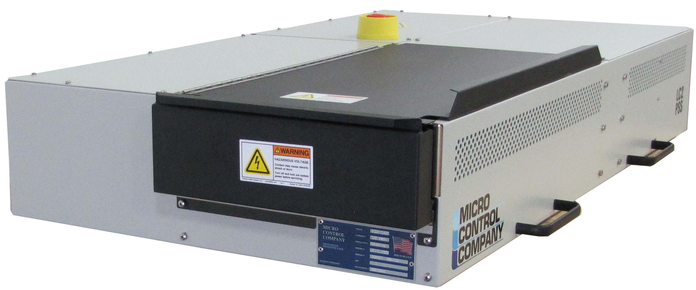 Micro Control Company electronic testing unit with a prominent hazardous voltage warning label on its top panel.