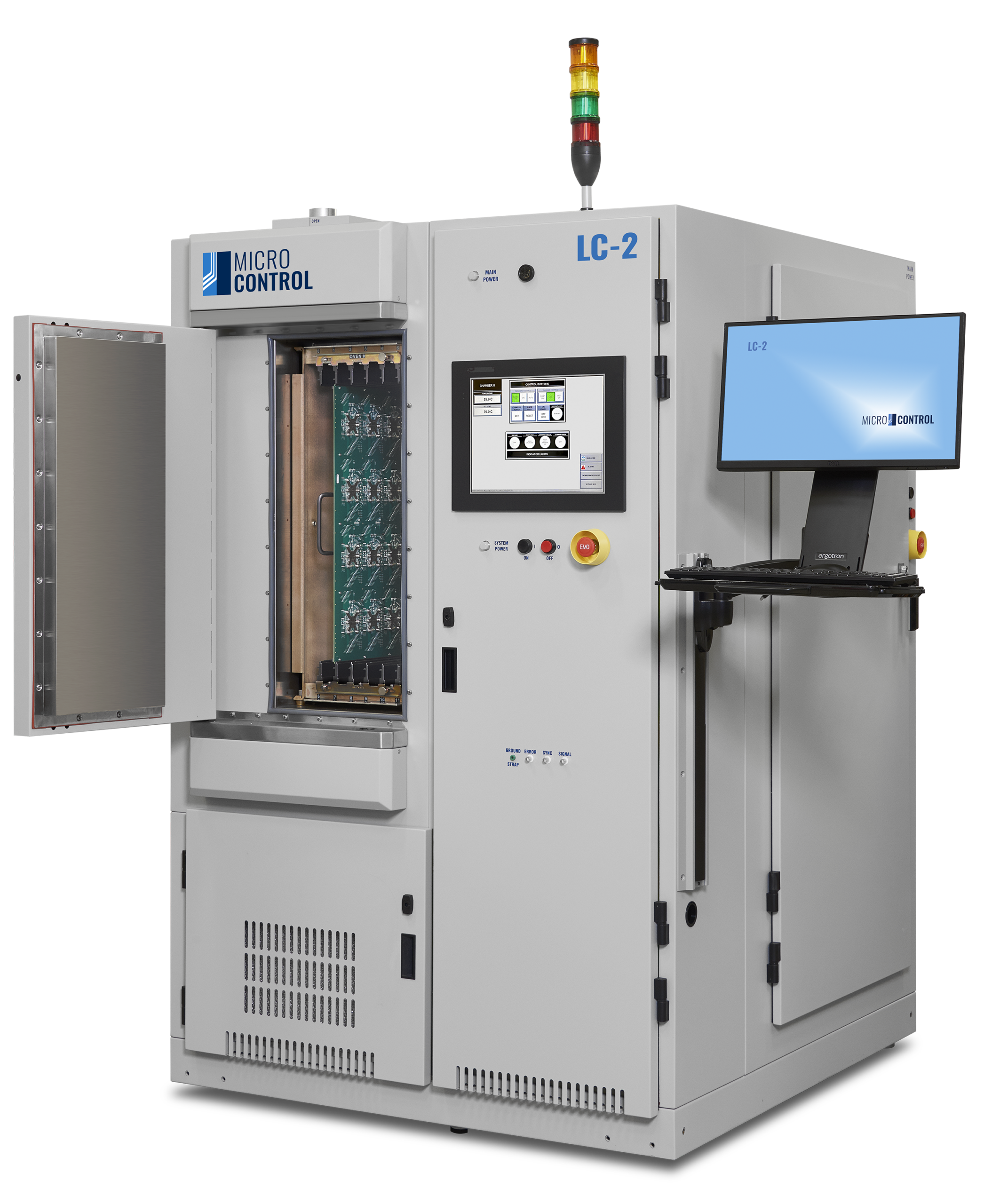 Micro Control LC-2 industrial testing system with an open test chamber, integrated touchscreen control panel, and an attached computer monitor on a keyboard arm.