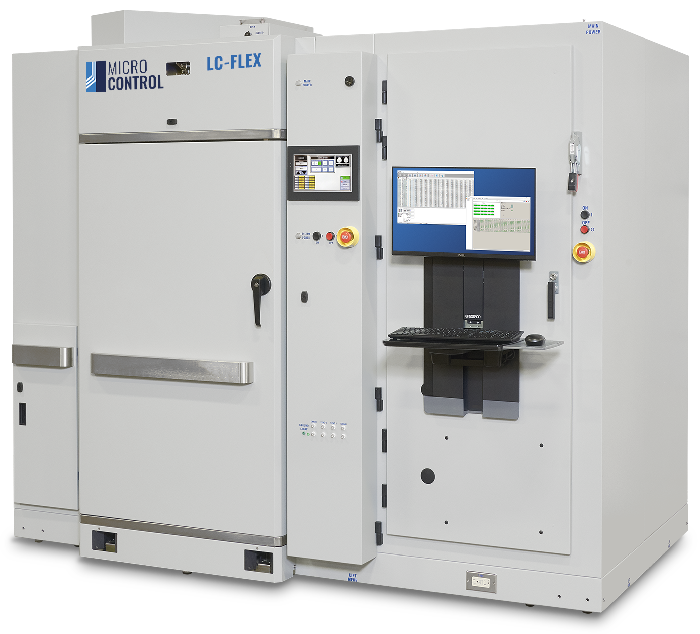 Micro Control LC-FLEX industrial test system with a large chamber, touchscreen interface, and attached computer monitor with keyboard.