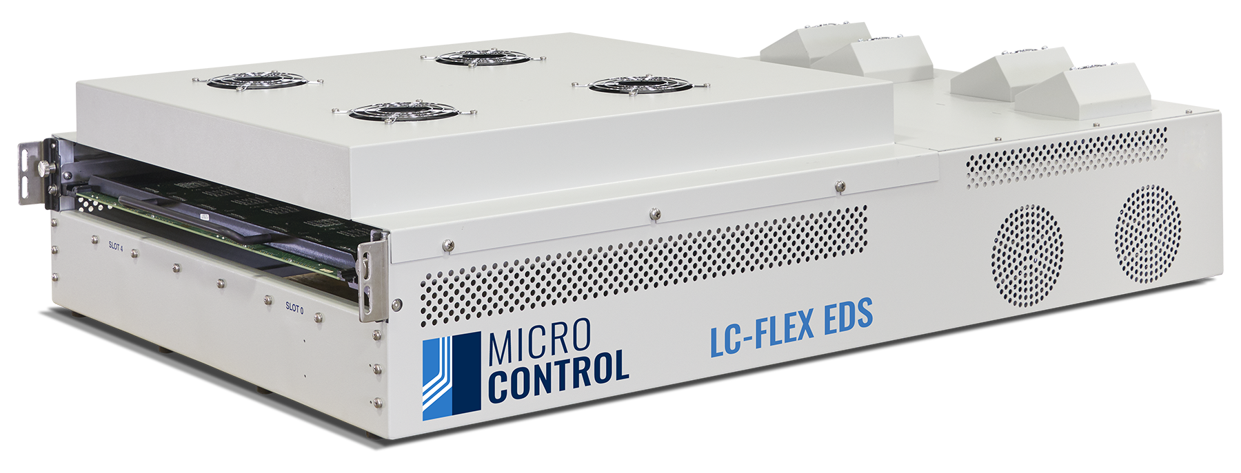 Micro Control LC-FLEX EDS industrial controller unit with four cooling fans on top and ventilation grilles on the side.