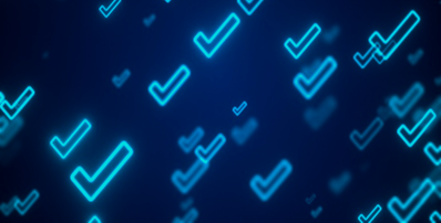 Floating glowing blue checkmark icons on a dark blue background.