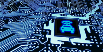 A computer circuit board with a glowing blue icon of a car featuring a Wi-Fi symbol on its roof.