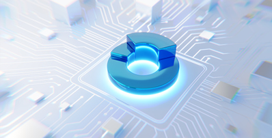 A glowing blue 3D donut chart positioned on a digital circuit board.