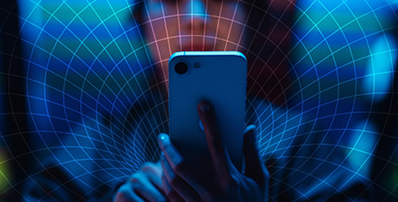A person holds a smartphone in front of their face, overlaid with a glowing blue and red digital grid pattern.