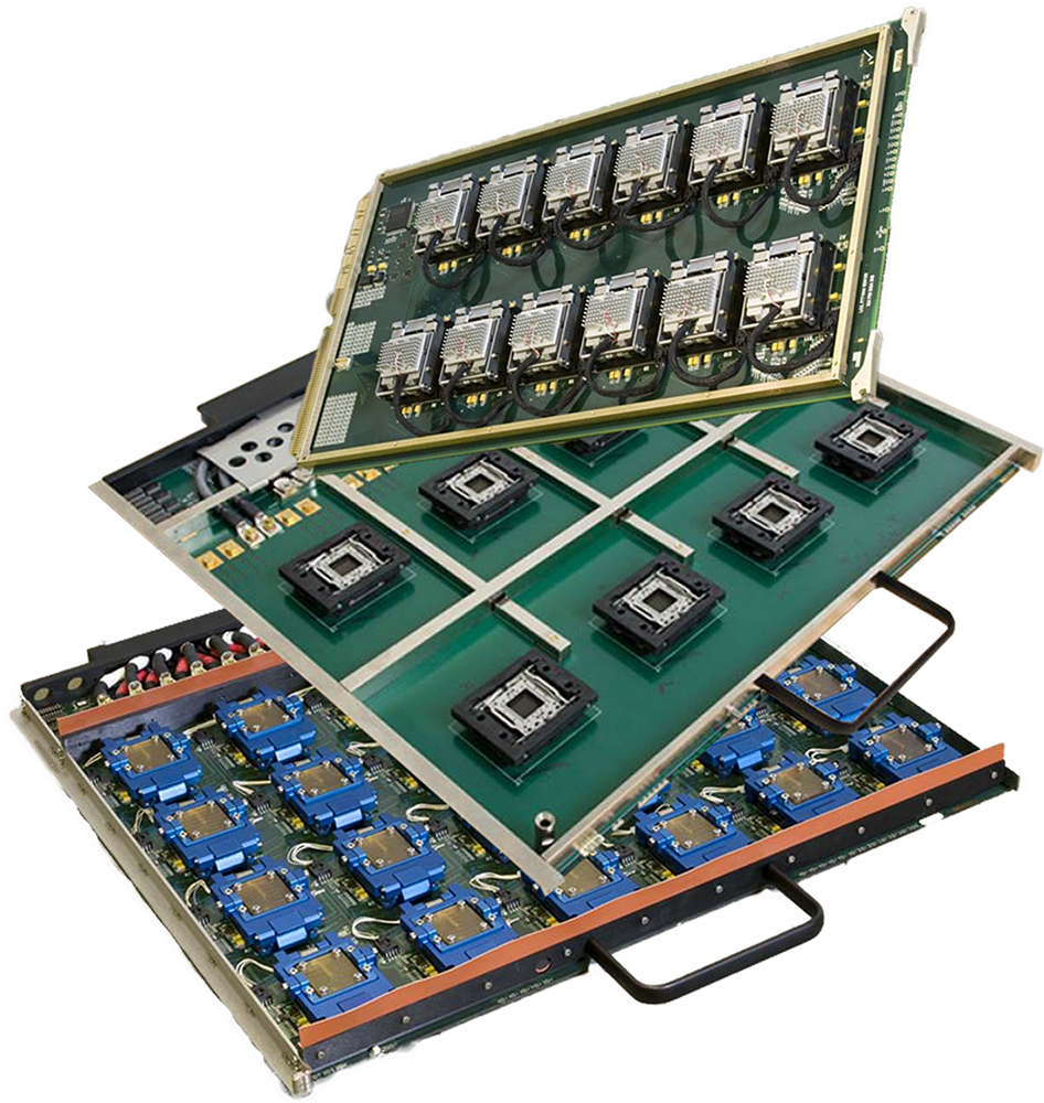 Three stacked, rectangular server circuit boards featuring multiple processor sockets and electronic components.
